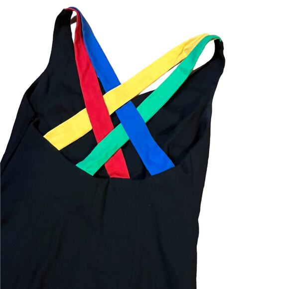 Vintage 90s ACT I Black Linen Dress Rainbow Strappy Back Size S M - Picture 10 of 10